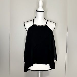 BEBE Women’s Chiffon Ruffle Chain Top